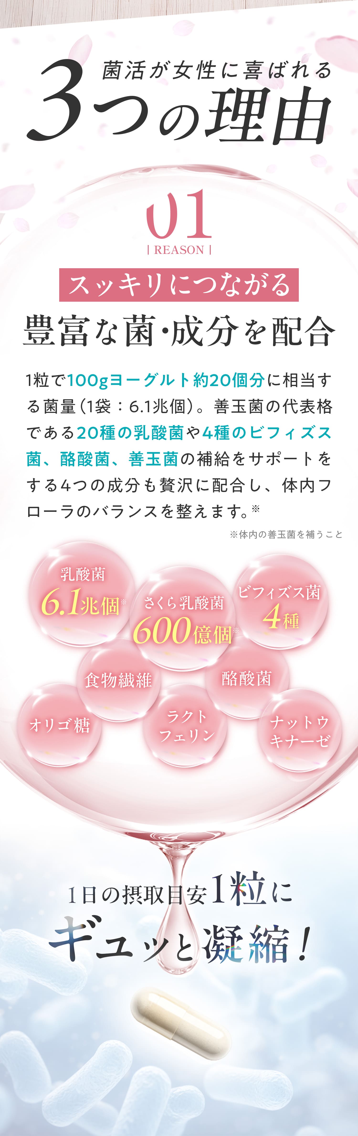 菌活が女性に喜ばれる3つの理由。ひとつめは、スッキリにつながる豊富な菌と成分を配合していること。